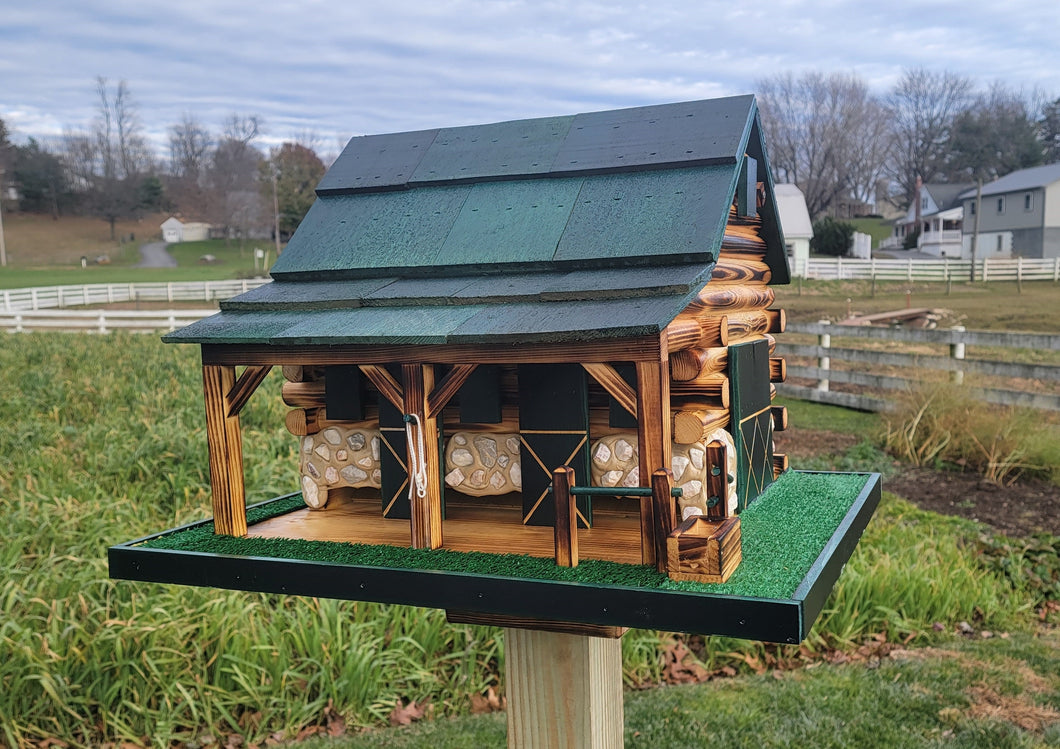 Western Bird Feeder Amish Handmade Large, Cedar Roof, Yellow Pine and White Stones