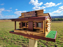 Load image into Gallery viewer, Log Cabin Bird Feeder Amish Handmade, Country Store Design, Multi Colors, Optional Custom Sign, Made of Pine With Cedar Roof - Unique Feeders / Houses
