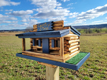 Load image into Gallery viewer, Log Cabin Bird Feeder Amish Handmade, Country Store Design, Multi Colors, Optional Custom Sign, Made of Pine With Cedar Roof - Unique Feeders / Houses
