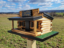 Load image into Gallery viewer, Log Cabin Bird Feeder Amish Handmade, Country Store Design, Multi Colors, Optional Custom Sign, Made of Pine With Cedar Roof
