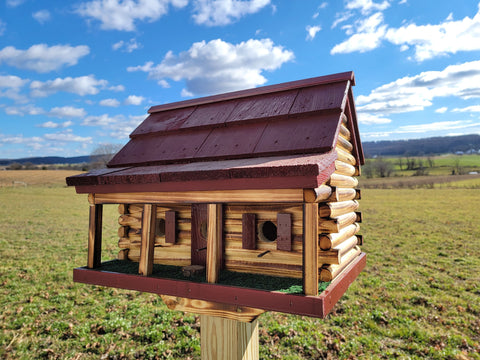 Log Cabin Birdhouse, Amish Handmade, 3 Nesting Compartments, With Cedar Roof