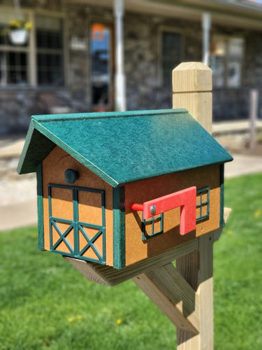 Amish Mailbox - Green Roof and Trim, Cedar Box - Poly Lumber Barn Style Handmade  Weather Resistant - Barn Mailboxes Poly