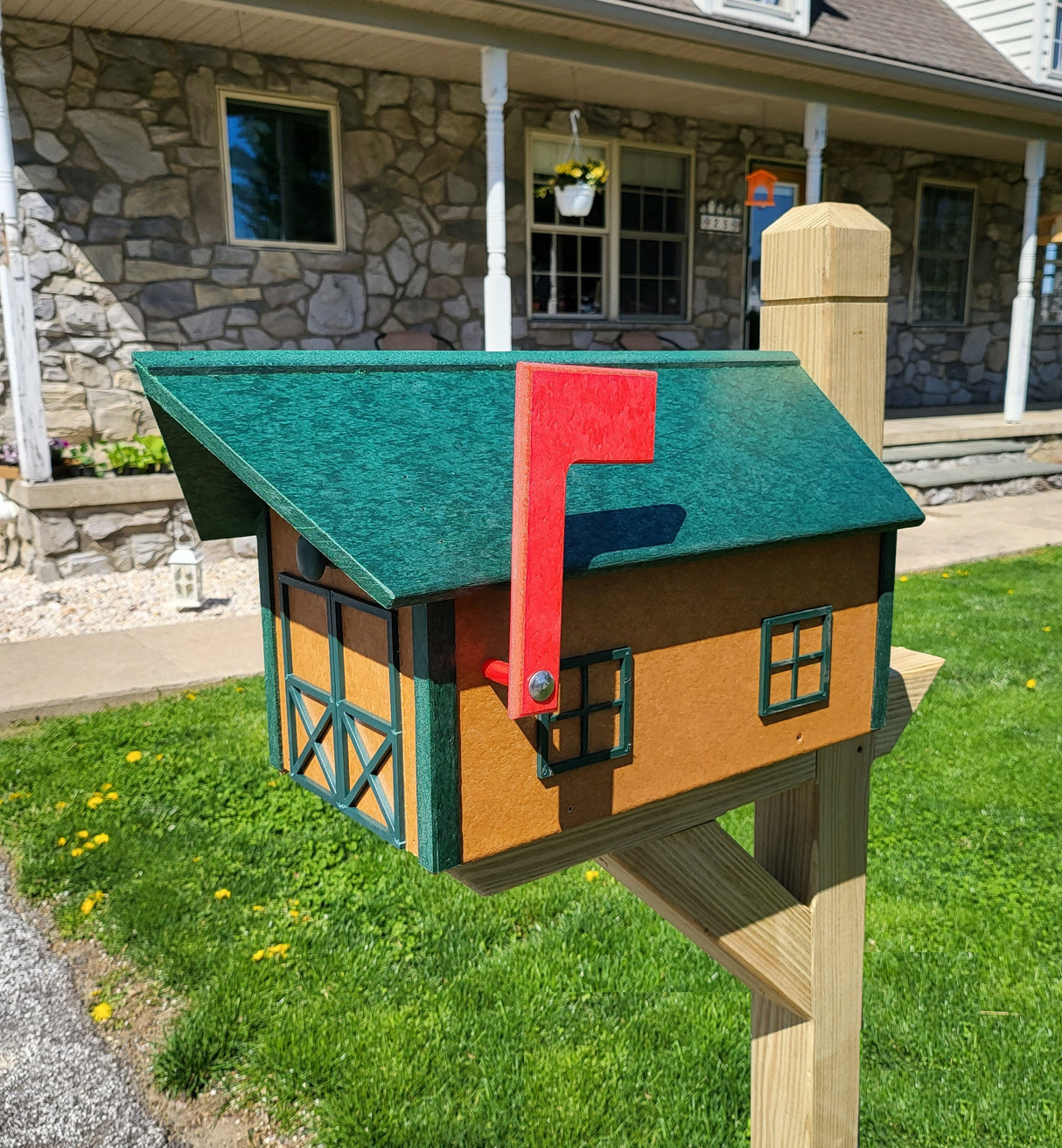 Amish Mailbox - Green Roof and Trim, Cedar Box - Poly Lumber Barn Style Handmade  Weather Resistant - Barn Mailboxes Poly