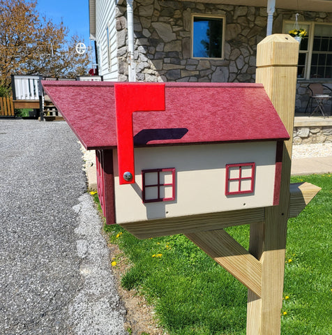 Farmhouse Mailbox - Cherry Roof and Trim, Ivory Box - Amish Barn Mailbox Poly Lumber Handmade
