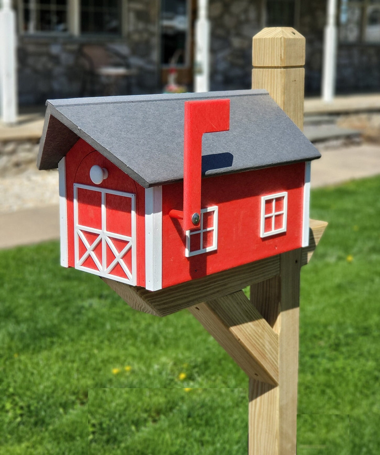 Country Mailbox Red Box, White Trim, Black Roof, Amish Handmade Barn Mailbox Poly Lumber Weather Resistant - Barn Mailboxes Poly