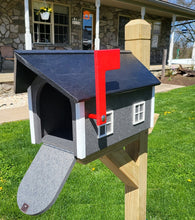 Load image into Gallery viewer, Barn Mailbox Gray Box, White Trim, Black Roof, Amish Made Mailbox Poly Lumber Weather Resistant
