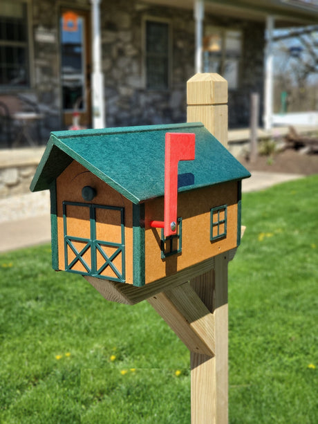 Amish Mailbox - Green Roof and Trim, Cedar Box - Poly Lumber Barn Style Handmade  Weather Resistant - Barn Mailboxes Poly