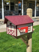 Farmhouse Mailbox - Cherry Roof and Trim, Ivory Box - Amish Barn Mailbox Poly Lumber Handmade - Barn Mailboxes Poly