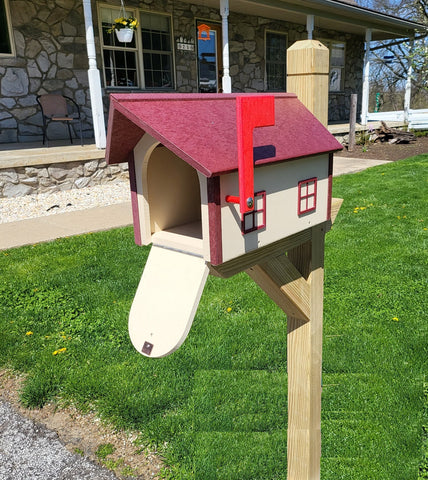 Farmhouse Mailbox - Cherry Roof and Trim, Ivory Box - Amish Barn Mailbox Poly Lumber Handmade