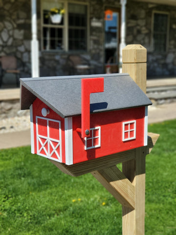 Country Mailbox Red Box, White Trim, Black Roof, Amish Handmade Barn Mailbox Poly Lumber Weather Resistant
