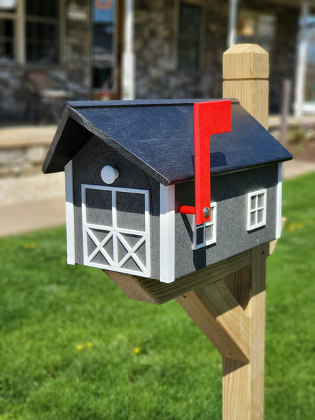 Barn Mailbox Gray Box, White Trim, Black Roof, Amish Made Mailbox Poly Lumber Weather Resistant - Barn Mailboxes Poly