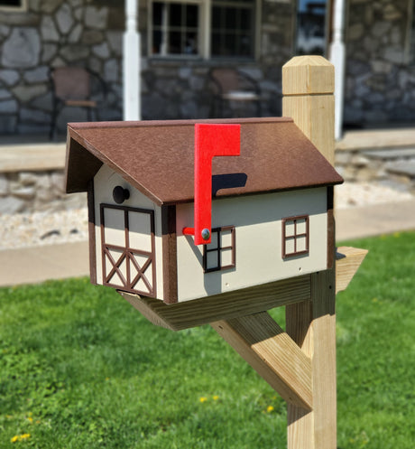 Large Mailbox Amish Handmade Ivory Box, Brown Roof and Brown Trim Poly Lumber Weather Resistant - Barn Mailboxes Poly