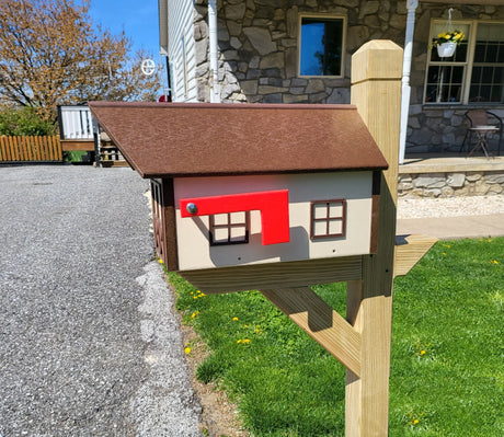 Large Mailbox Amish Handmade Ivory Box, Brown Roof and Brown Trim Poly Lumber Weather Resistant - Barn Mailboxes Poly