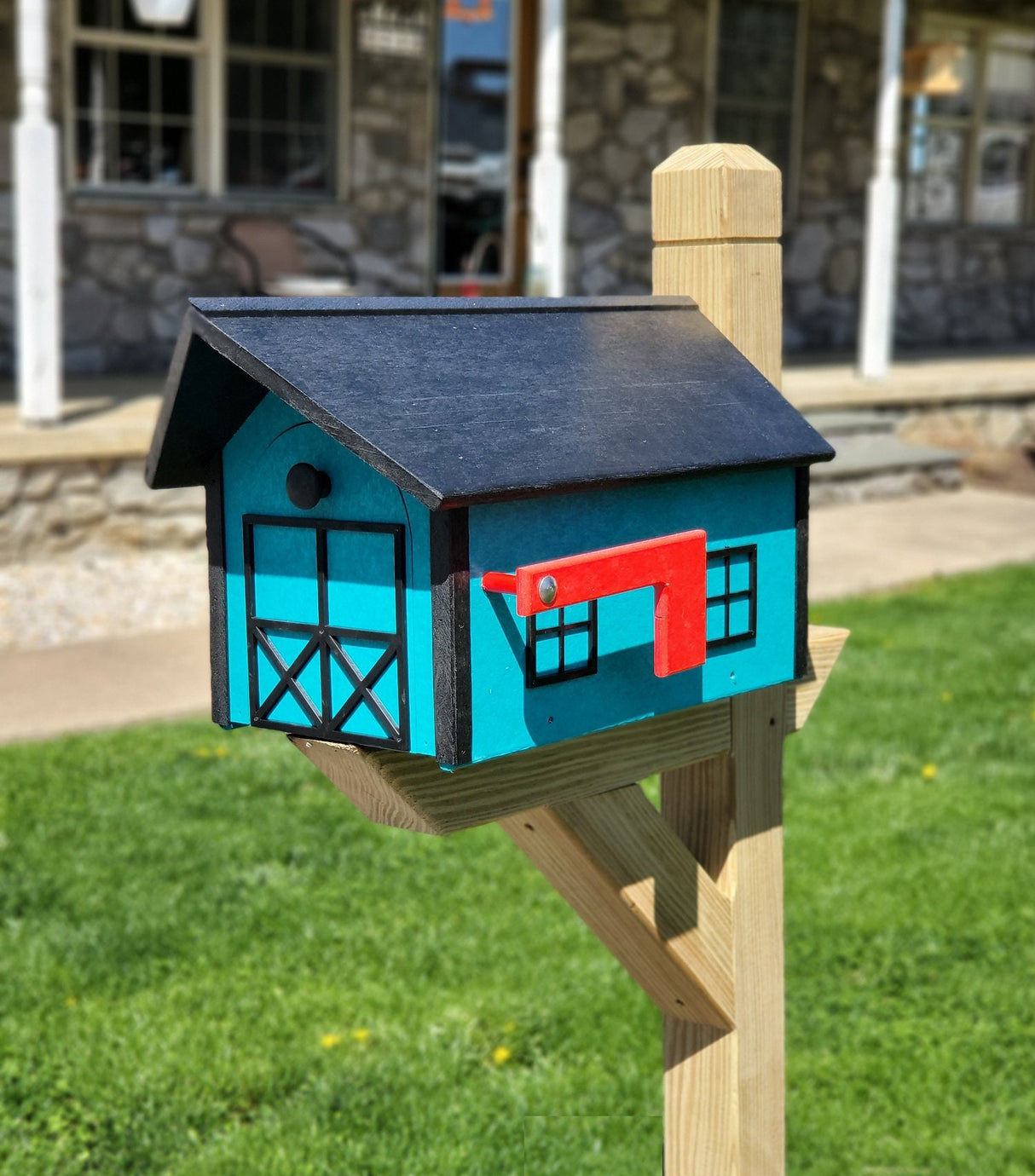 Country Barn Mailbox Teal Box, Black Box and Trim, Amish Handmade Mailbox Poly Lumber Weather Resistant - Barn Mailboxes Poly