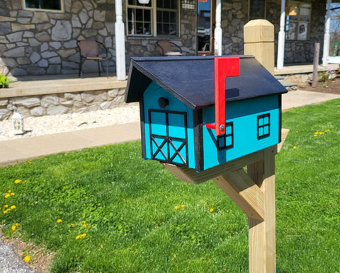 Country Barn Mailbox Teal Box, Black Box and Trim, Amish Handmade Mailbox Poly Lumber Weather Resistant