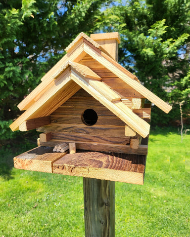 Log Cabin Birdhouse, Amish Handmade, 1 Nesting Compartments With Cedar Roof