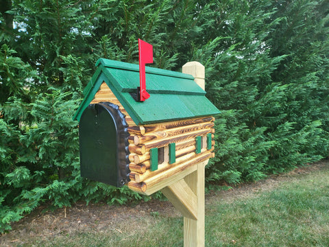 Barn Mailbox Amish Handmade Log Cabin Style, Wooden With Cedar Shake Roof and Metal Box Insert
