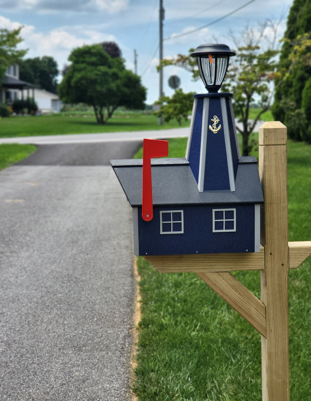 solar mailbox, lighthouse, Lighthouse mailbox, mailbox with lighthouse, unique mailboxes, large mailbox