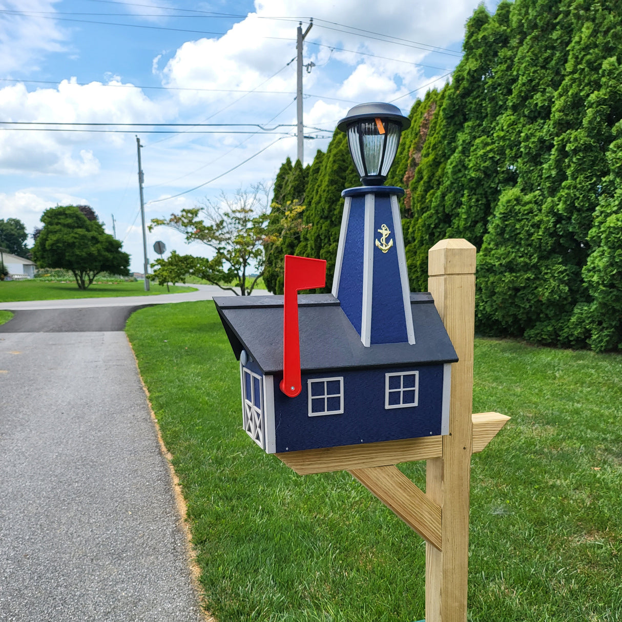 solar mailbox, lighthouse, Lighthouse mailbox, mailbox with lighthouse, unique mailboxes, large mailbox