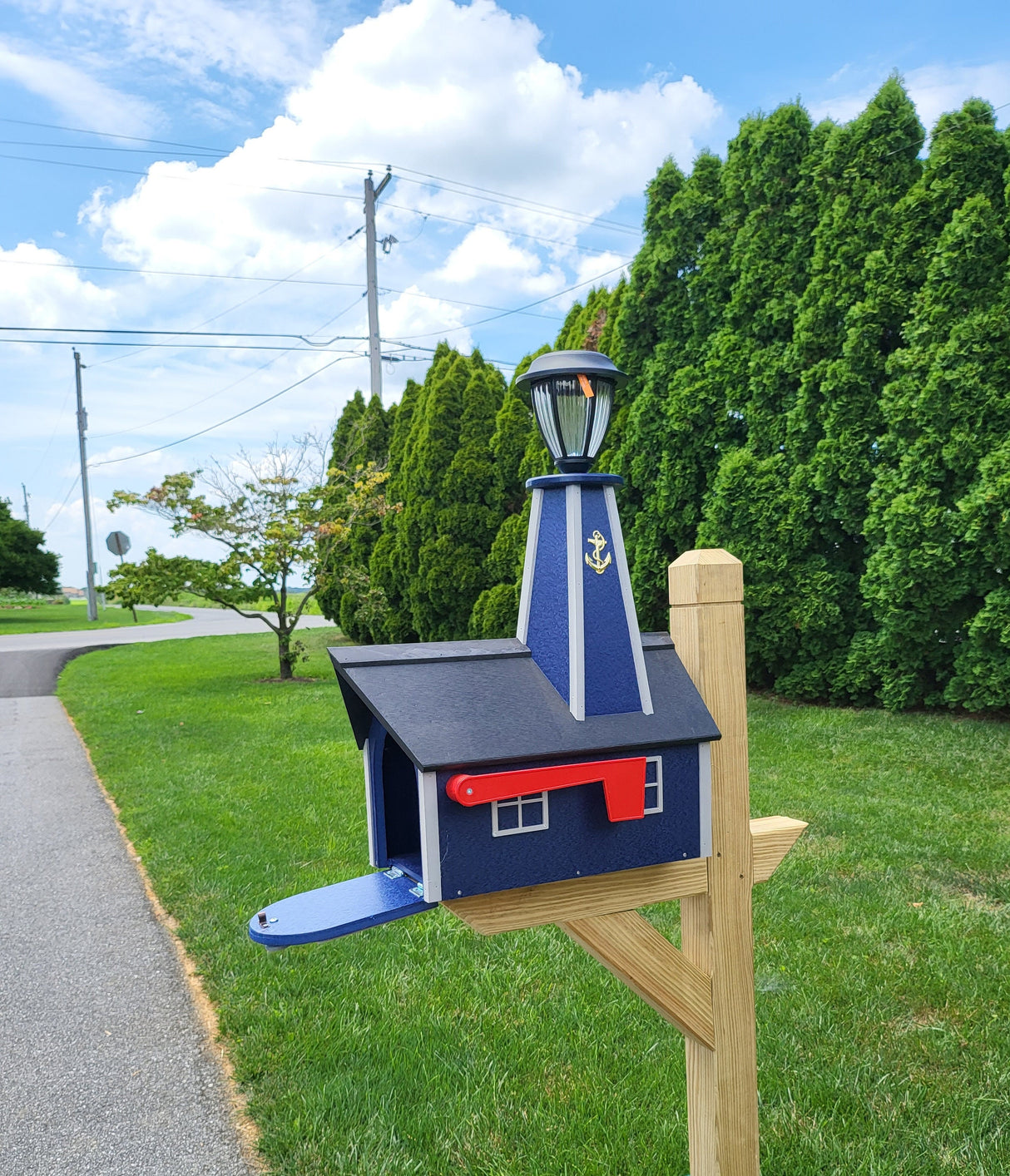 solar mailbox, lighthouse, Lighthouse mailbox, mailbox with lighthouse, unique mailboxes, large mailbox