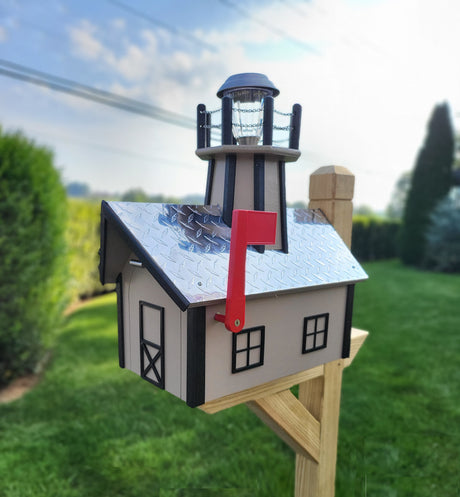 solar mailbox, lighthouse, Lighthouse mailbox, mailbox with lighthouse, unique mailboxes, large mailbox