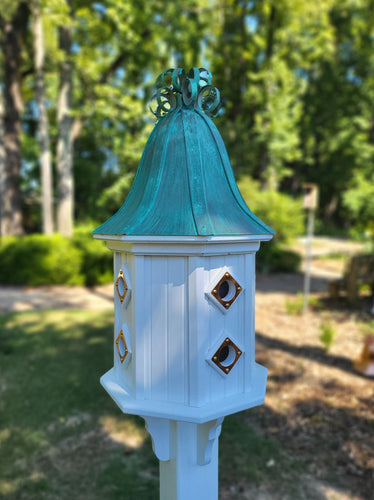 Bell Patina Copper Roof Bird House With Curly Copper Design, 8 Nesting Compartments, Extra Large Weather Resistant Birdhouse - Patina Copper Roof