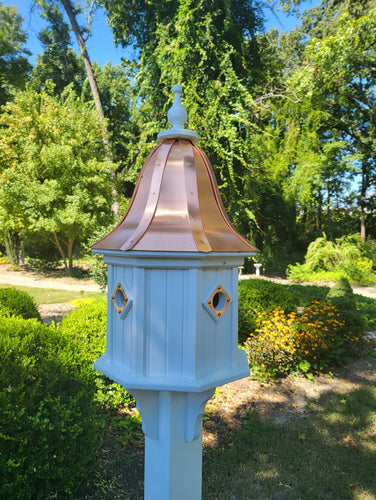 Birdhouse With Bell Copper Roof Handmade, Octagon Shape, Extra Large With 4 Nesting Compartments, Weather Resistant Birdhouses - Copper Roof