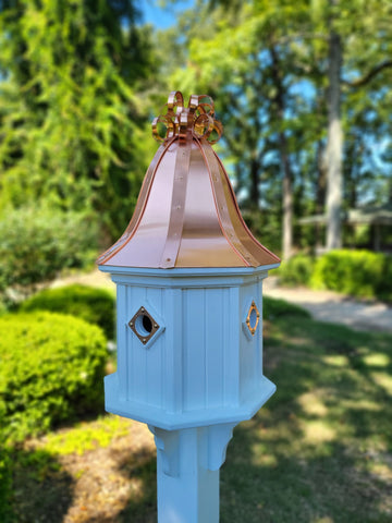 Bell Patina Copper Roof Bird House With Curly Patina Copper Design, 4 Nesting Compartments, Extra Large Weather Resistant Birdhouse