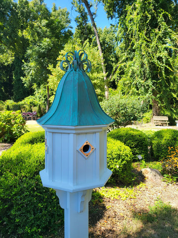 Bell Patina Copper Roof Bird House With Curly Patina Copper Design, 4 Nesting Compartments, Extra Large Weather Resistant Birdhouse