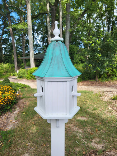 Patina Copper Roof Bird House Handmade, Large 6 Sided With 3 Nesting Compartments, Weather Resistant Birdhouses - Patina Copper Roof