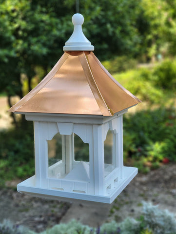 Hanging Bird Feeder, Patina Copper Roof, Large Capacity Feed Tray, Square Design