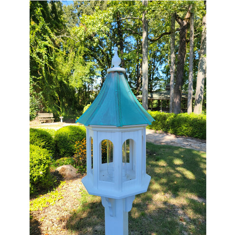 Large Bird Feeder Patina Copper Roof, 8 Sided Octagon, Premium Feeding Tube, Roof Options