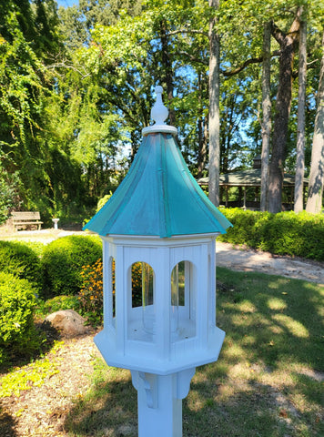 Patina Copper Roof Bird Feeder Large, 8 Sided Octagon, Premium Feeding Tube, Roof Options