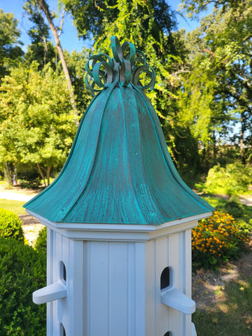 Bell Patina Copper Roof Bird House With Curly Copper Design, 8 Nesting Compartments, Extra Large Weather Resistant Birdhouse