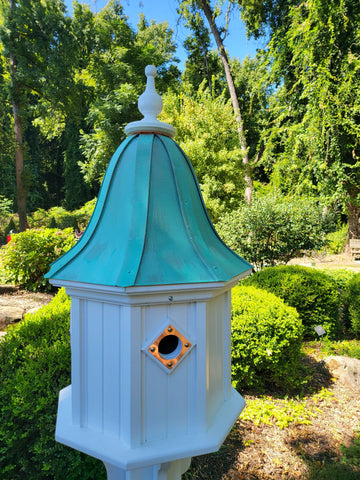 Bell Patina Copper Roof Bird House Handmade, Octagon Shape, Extra Large With 4 Nesting Compartments, Weather Resistant Birdhouses