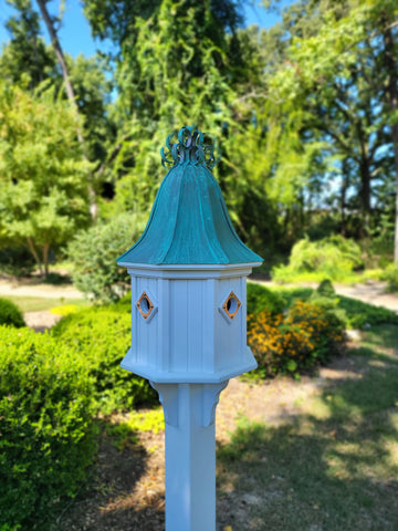 Bell Copper Roof Bird House With Curly Copper Design, 4 Nesting Compartments, Extra Large Weather Resistant Birdhouse