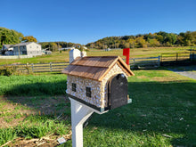 Load image into Gallery viewer, White Stone House Mailbox, Amish Made Wooden With Cedar Shake Roof and USPS Approved Metal Insert, Green Trim

