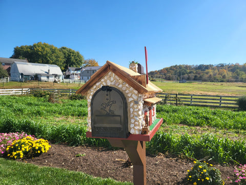 Amish Made Mailbox, White Stone House With Cedar Shake Roof and USPS Approved Metal Insert, Red Trim
