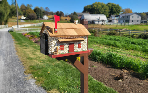 Amish Made Mailbox, White Stone House With Cedar Shake Roof and USPS Approved Metal Insert, Red Trim