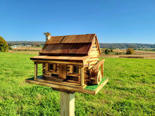 Load image into Gallery viewer, Log Cabin Bird Feeder, Amish Handmade, Waterwheel Decoration, Stone Chimney
