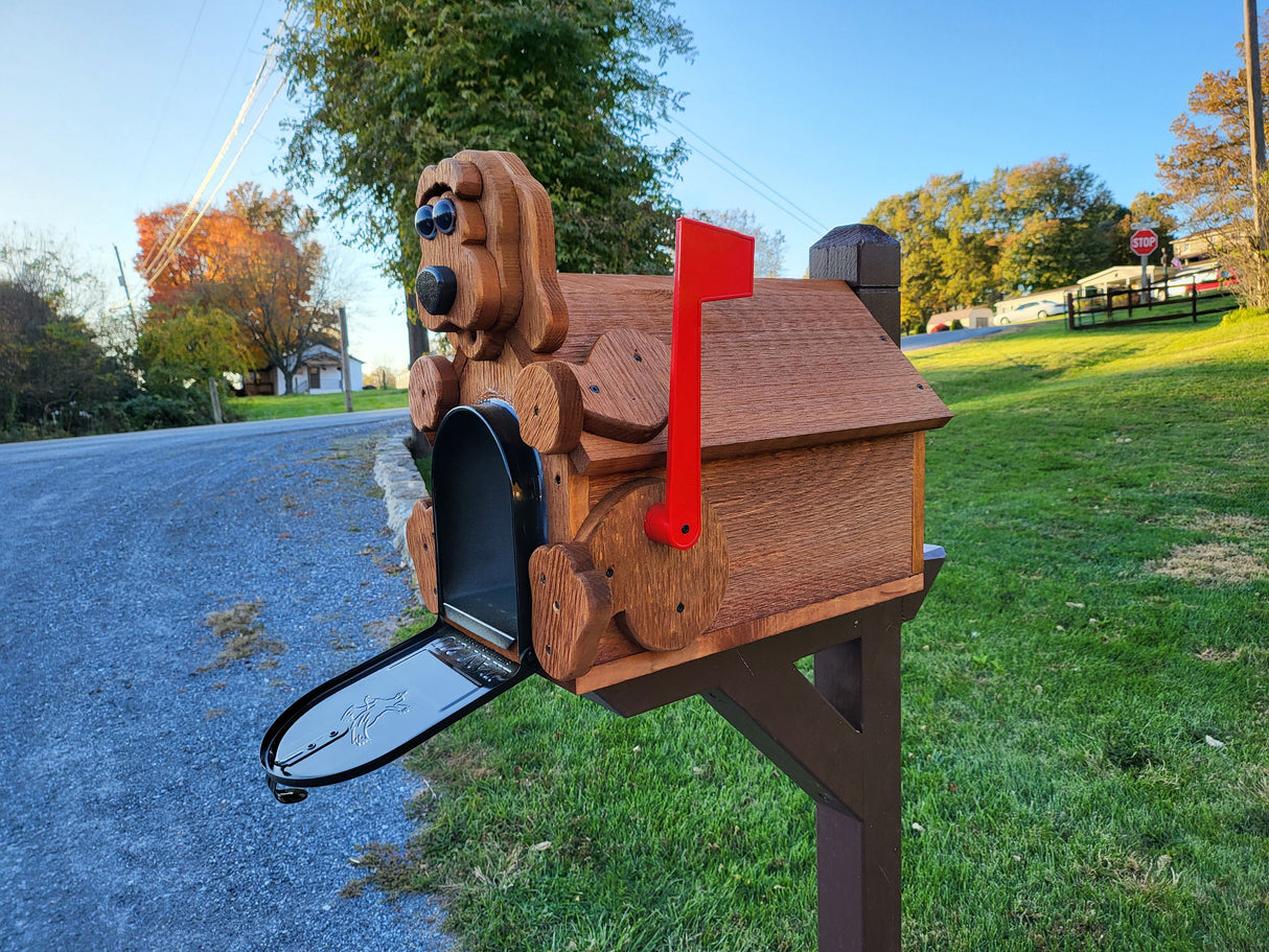 Dog Mailbox  Amish Handmade, Wooden With Metal Box Insert USPS Approved - Made With Yellow Pine Rougher Head - Unique Mailboxes