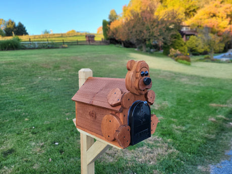 Bear Mailbox  Amish Handmade, Wooden With Metal Box Insert USPS Approved - Made With Yellow Pine Rougher Head - Unique Mailboxes