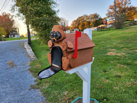 Pine Amish Mailbox Raccoon Design With Metal Insert USPS Approved Mailbox Outdoor - Animal Shape + Cabins