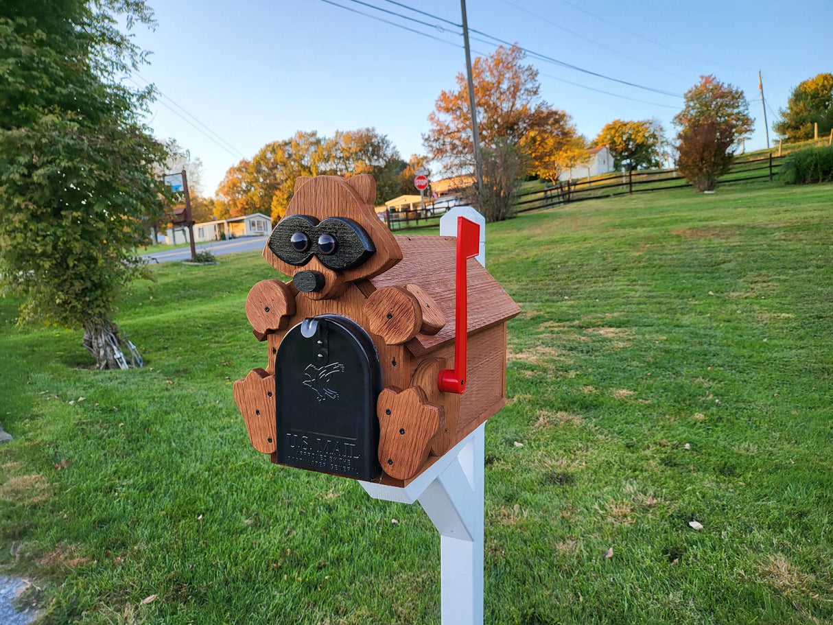 Pine Amish Mailbox Raccoon Design With Metal Insert USPS Approved Mailbox Outdoor - Animal Shape + Cabins