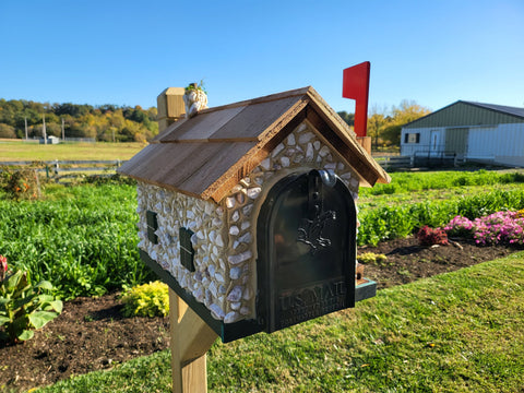 White Stone House Mailbox, Amish Made Wooden With Cedar Shake Roof and USPS Approved Metal Insert, Green Trim