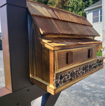 Load image into Gallery viewer, Waterwheel Mailbox, Amish Made Wooden With Red Stones Cover, Cedar Shake Roof, Decorative Waterwheel, and USPS Approved Metal Insert. - Barn Mailboxes Stone
