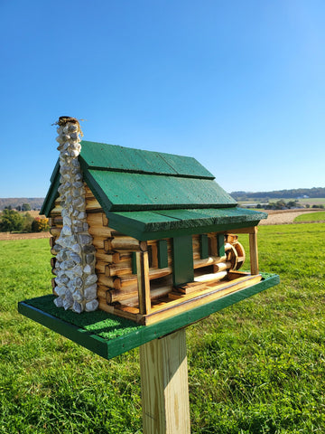 Log Cabin Bird Feeder, Amish Handmade, Waterwheel Decoration, Stone Chimney
