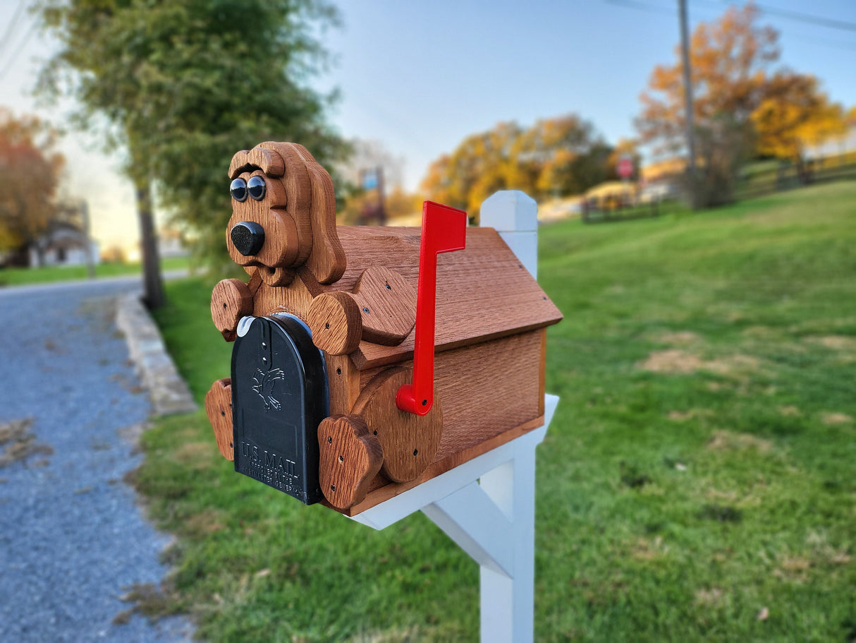 Dog Mailbox  Amish Handmade, Wooden With Metal Box Insert USPS Approved - Made With Yellow Pine Rougher Head - Unique Mailboxes