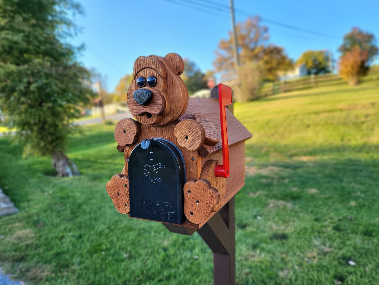 Bear Mailbox  Amish Handmade, Wooden With Metal Box Insert USPS Approved - Made With Yellow Pine Rougher Head - Unique Mailboxes