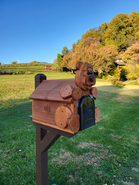 Bear Mailbox  Amish Handmade, Wooden With Metal Box Insert USPS Approved - Made With Yellow Pine Rougher Head - Unique Mailboxes